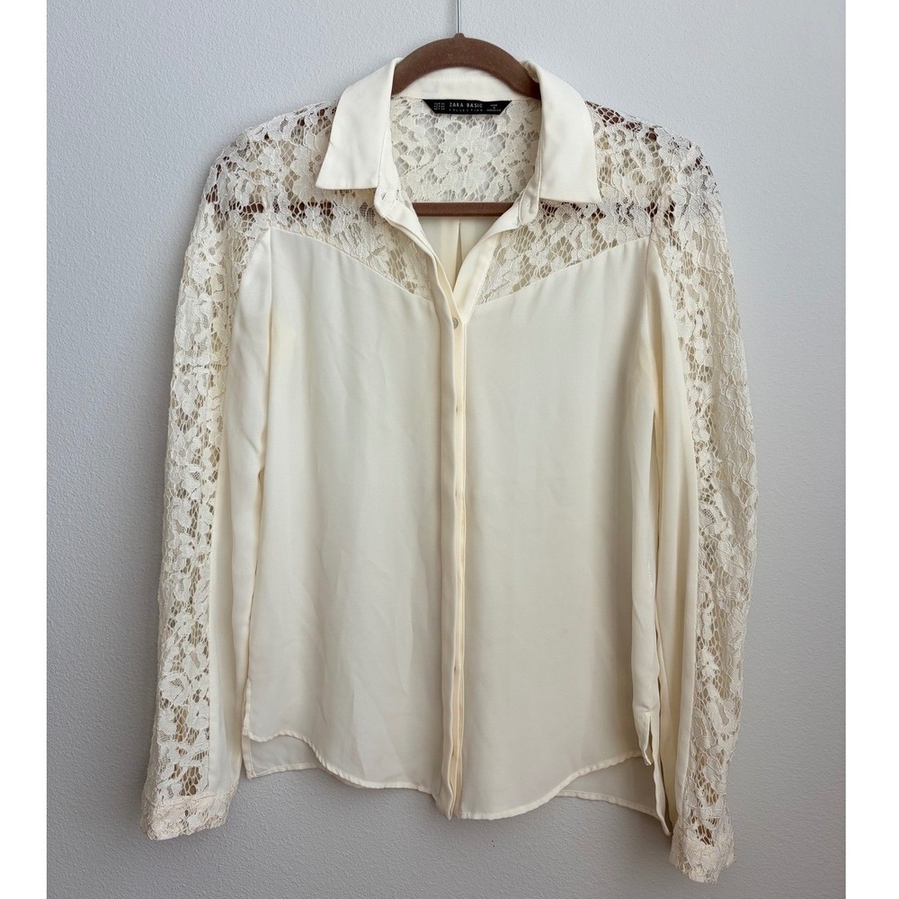 Zara Basic Cream Lace Panel Button Down Blouse Long Sleeve XS Ivory Office